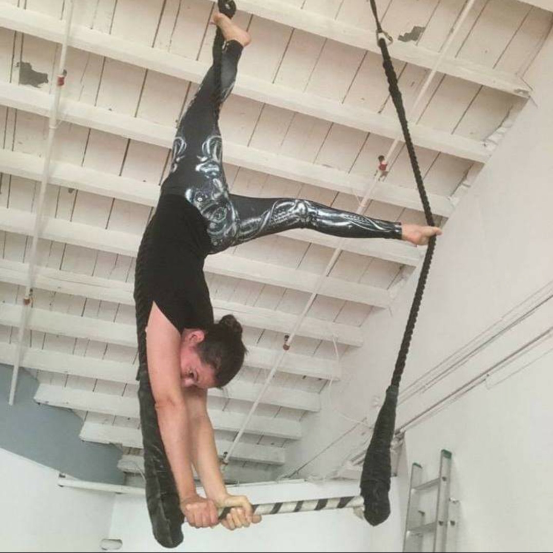 Angela Delfino practicing her arial performance