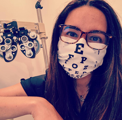 Arieneh Tahmasian wearing a mask in an eye exam room