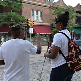 O&M students practicing walking with a white cane