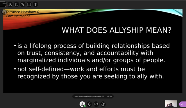 PowerPoint slide answering the question "what does allyship mean?"