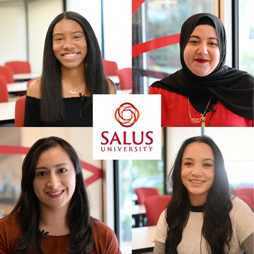 Kaylea Ellison shown in top right, Dena Mohammed shown in top left, Devora Soto shown in bottom left, Emaree Stone shown in bottom right, and Salus University logo in the center