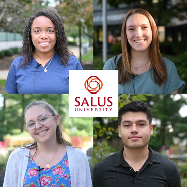 Students Candace Nelson, Elizabeth Lyter, Fernando Venegas, and Kierra Wells all shown with blurred greenery in the background and Salus logo in the center.