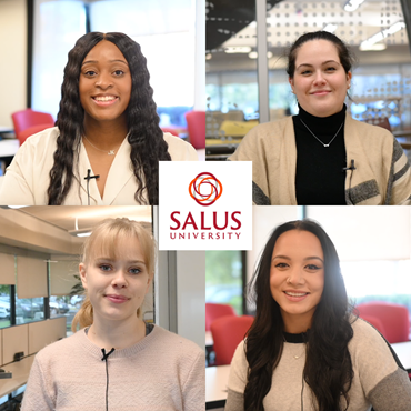 Students Maleiah Carroll, Angela Rios, Sofiya Dorokhin, and Emaree Stone shown in each corner with Salus logo in between them.  