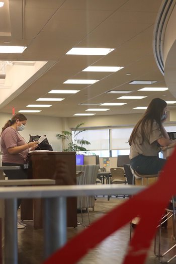 Students wearing masks in Learning Resource Center