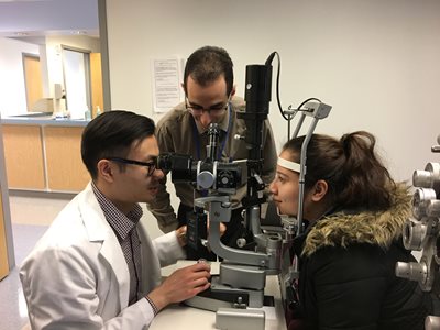 Optometrist working with patient