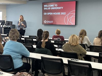 Melissa Trego giving a presentation to prospective students at the PCO Open House