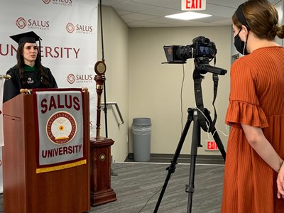 Ashley Senss recording her commencement address