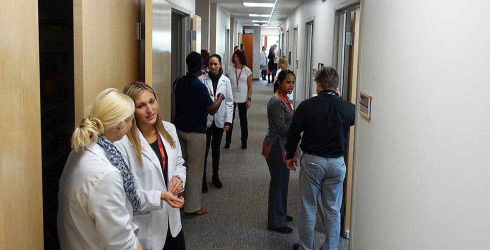 students and faculty in SLI hallway