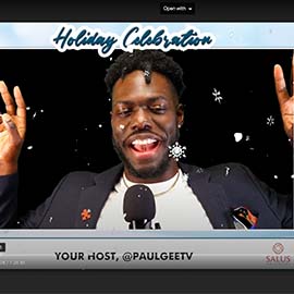 Screenshot of virtual holiday party's host Paul Gee