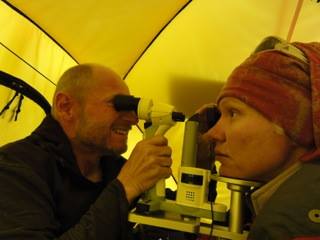 Mr. Baertschi is shown at a base camp on one of several climbs around the world - that have included Mt Everest - to measure pressure in the retina at high elevation to determine vascular parameters that are affected by altitude