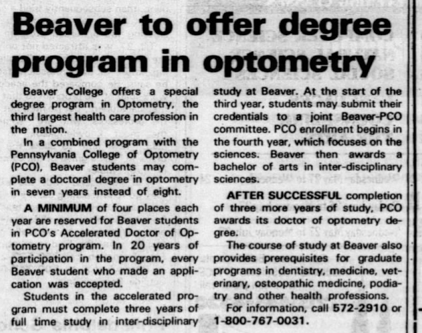 Newspaper headline reading "Beaver to offer degree program in optometry"