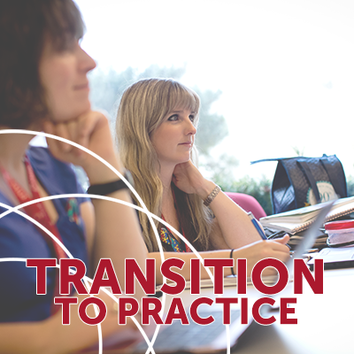 photo of students with text that says "transition to practice'