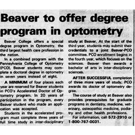 Newspaper headline reading "Beaver to offer degree program in optometry"