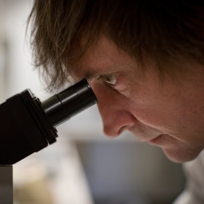 Man looking into a microscope