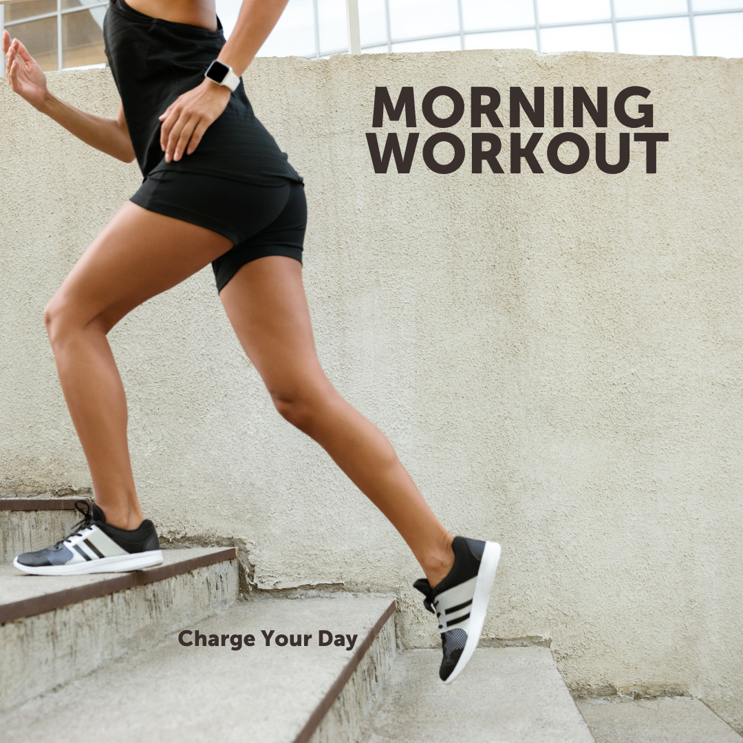 someone running up stairs with text that says "morning workout"