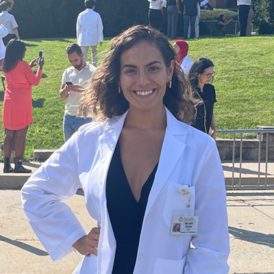 Melanie in her white coat