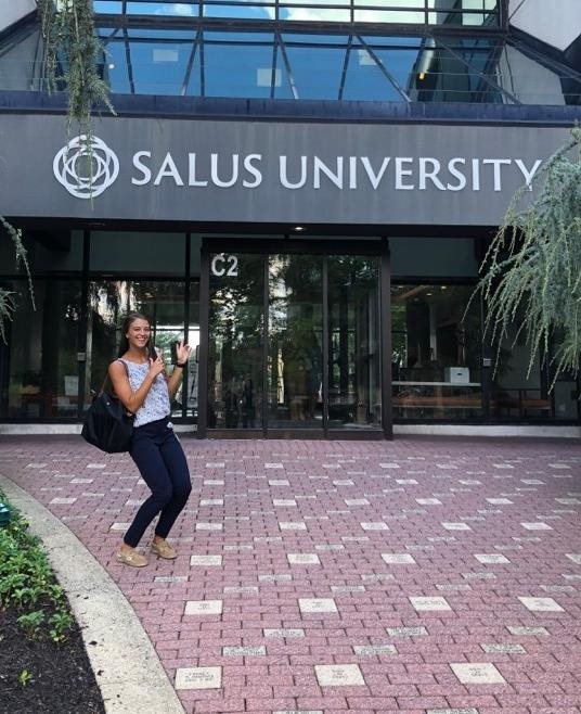 Sara Dilly outside the Salus University main entrance